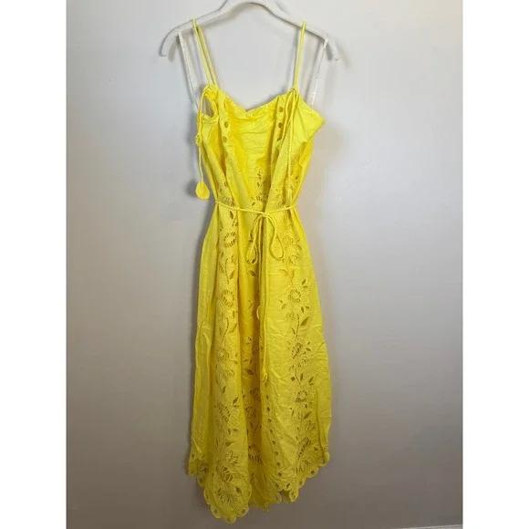Farm Rio Yellow Floral Eyelet Midi Dress Scalloped Hem Tie Waist NWT